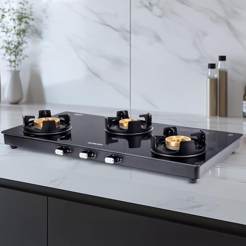 Borosil Flamestar 3 Brass Burner Gas Stove | LPG Gas Stove | Manual Ignition | Dip Tray, Anti Skid Legs | 360? Revolving Nozzle | High Effeciency Burner | 2 Years Warranty (Flamestar) - Cookware | Buy online on ZillyBuy