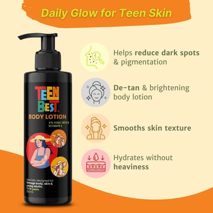 Healthbest Teens Body Lotion with Kojic Acid & Vitamin E - 200ml Lightweight Hydrating Moisturizer for Growing Skin for Boys & Girls Ages 13-19