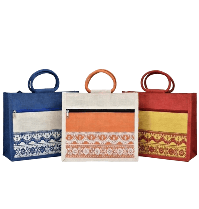 SS Eco-Life Printed Jute Tote Bag Combo Pack of 3 (12x10x5 Inch) | Small Shopping Bag, Lunch Bag & Return Gift Bags with Top Zip Closure & Front Zipper Pocket | Assorted Colors