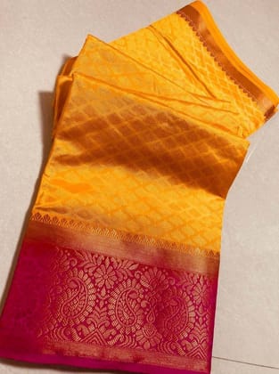 Women's Kanjivaram Silk Saree with Unstitched Blouse Piece (Yellow, 5-6 Mtrs)