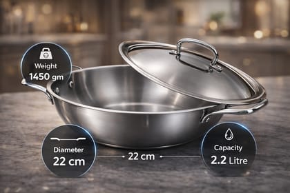 WEKTU Premium Tri-Ply Stainless Steel Kadhai with Lid - Induction & Gas Compatible, Mirror Finish