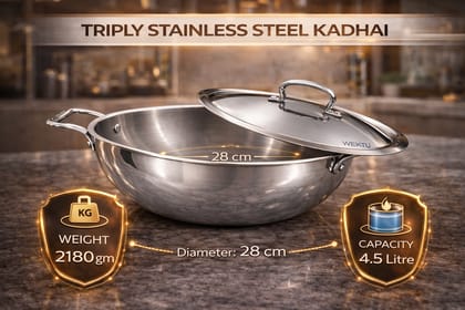 WEKTU Premium Tri-Ply Stainless Steel Kadhai with Lid - Induction & Gas Compatible, Mirror Finish