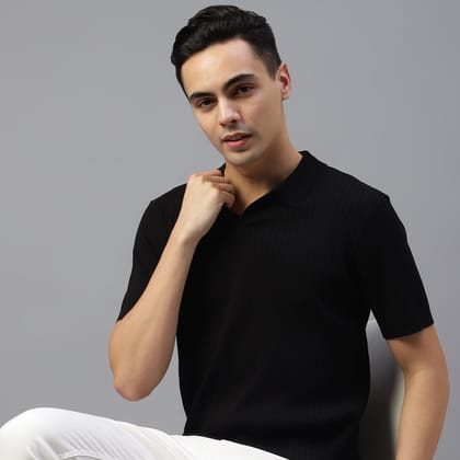 Black Plain Lining Polo T-shirt-M