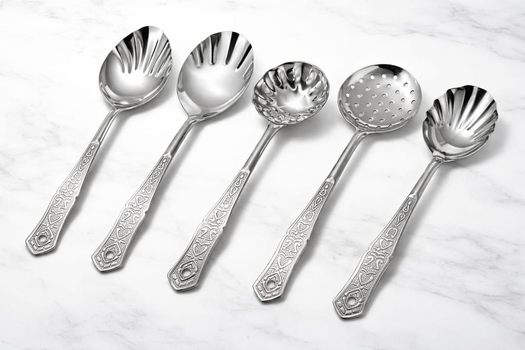 Tishav Stainless Steel Serving Spoon Set of 5 | Heavy Steel | Mirror Finish