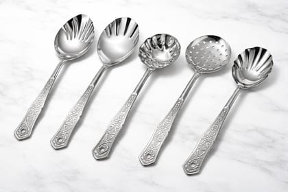 Tishav Stainless Steel Serving Spoon Set of 5 | Heavy Steel | Mirror Finish