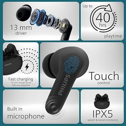 Philips TAT1269 Bluetooth Truly Wireless in Ear Earbuds with mic, 13mm Drivers, Bluetooth 5.4, 40H Playtime
