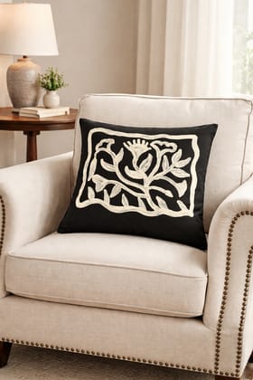 Black & White Floral Motif Cotton Cushion Cover