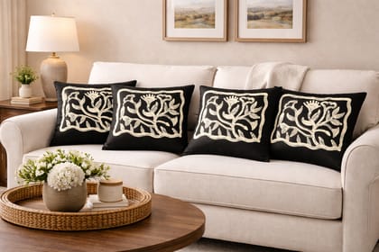 Set of 4 Black Cotton Throw Pillows with White Botanical Pattern