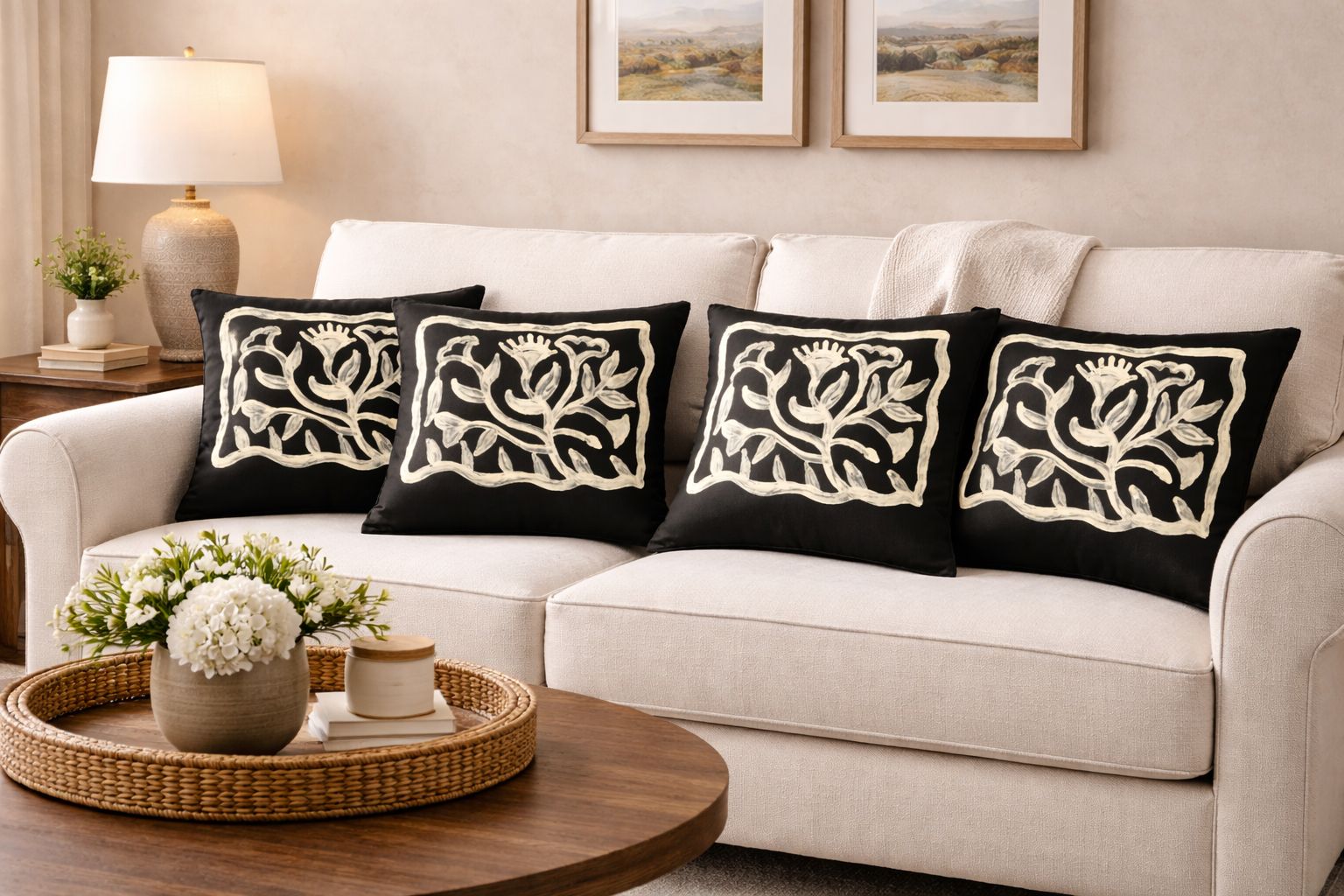 Set of 4 Black Cotton Throw Pillows with White Botanical Pattern