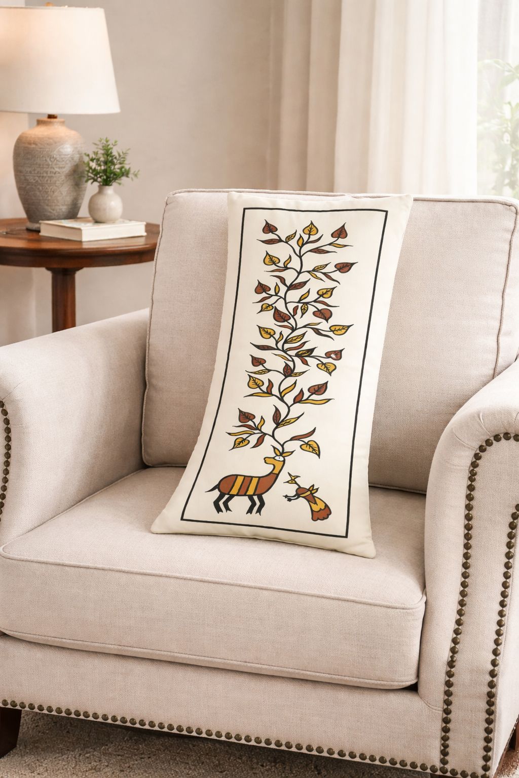Rectangular Beige Cushion with Traditional Deer and Tree Motif