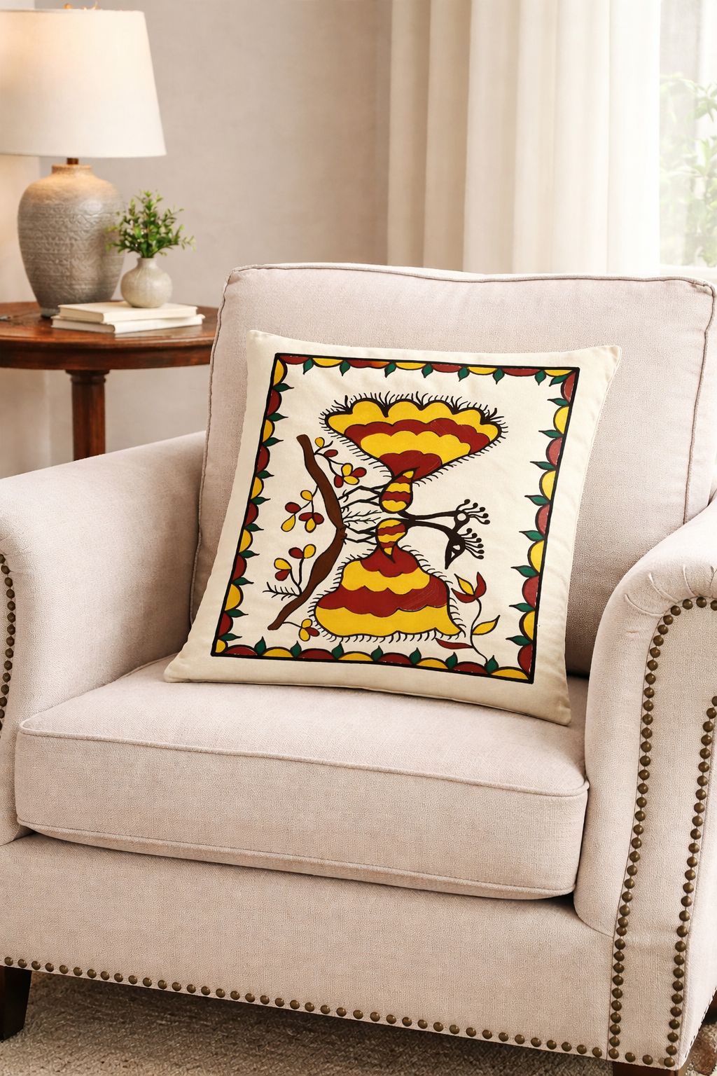 Madhubani Hand-Painted Cotton Decorative Cushion Cover
