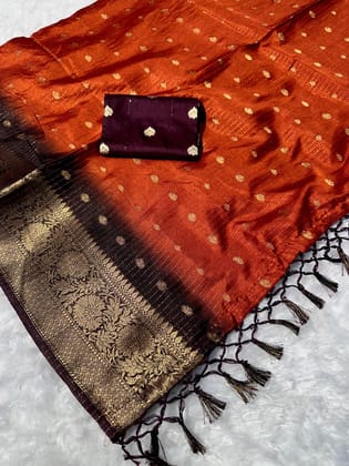 Orange Black Silk Blend Saree with Zari Border