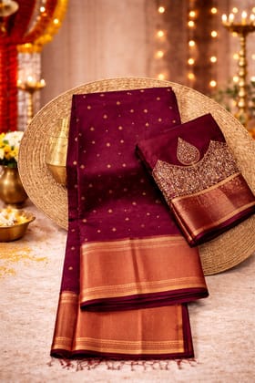Maroon Silk Saree with Golden Zari Work and Embroidered Blouse Piece Maroon Silk Saree with Golden Zari Work and Embroidered Blouse Piece