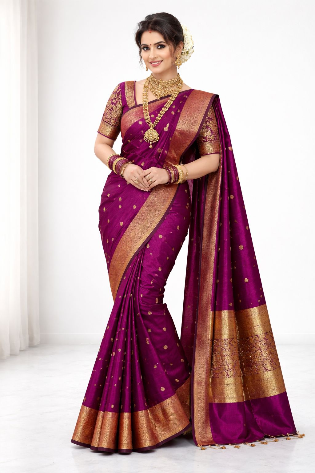 Women's Royal Purple Silk Saree with Golden Zari Work