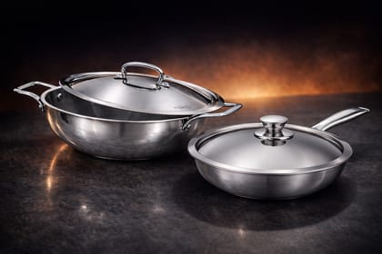 WEKTU Tri-Ply Stainless Steel Cookware Set (Set of 2: Kadhai and Frypan with Lids)
