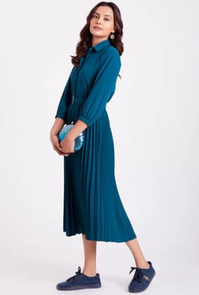 flowervelly Women Pleated Dark Blue Midi/Calf Length Dress