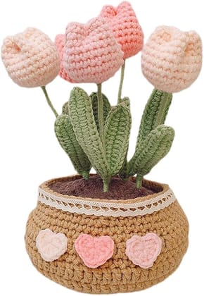 Handmade Crocheted Tulip Bouquet in Pot with Heart Embellishments