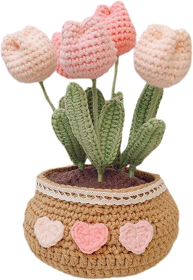 Handmade Crocheted Tulip Bouquet in Pot with Heart Embellishments