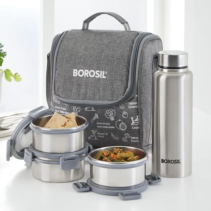 Borosil Slate Stainless Steel Lunch Box with Bag | 3 Container (280ml Each) + 1 Bottle (600 ml) | Single Wall Lunch Box with Food Grade Steel | Leakproof & Dishwasher Safe | 1 Year Warranty | Grey