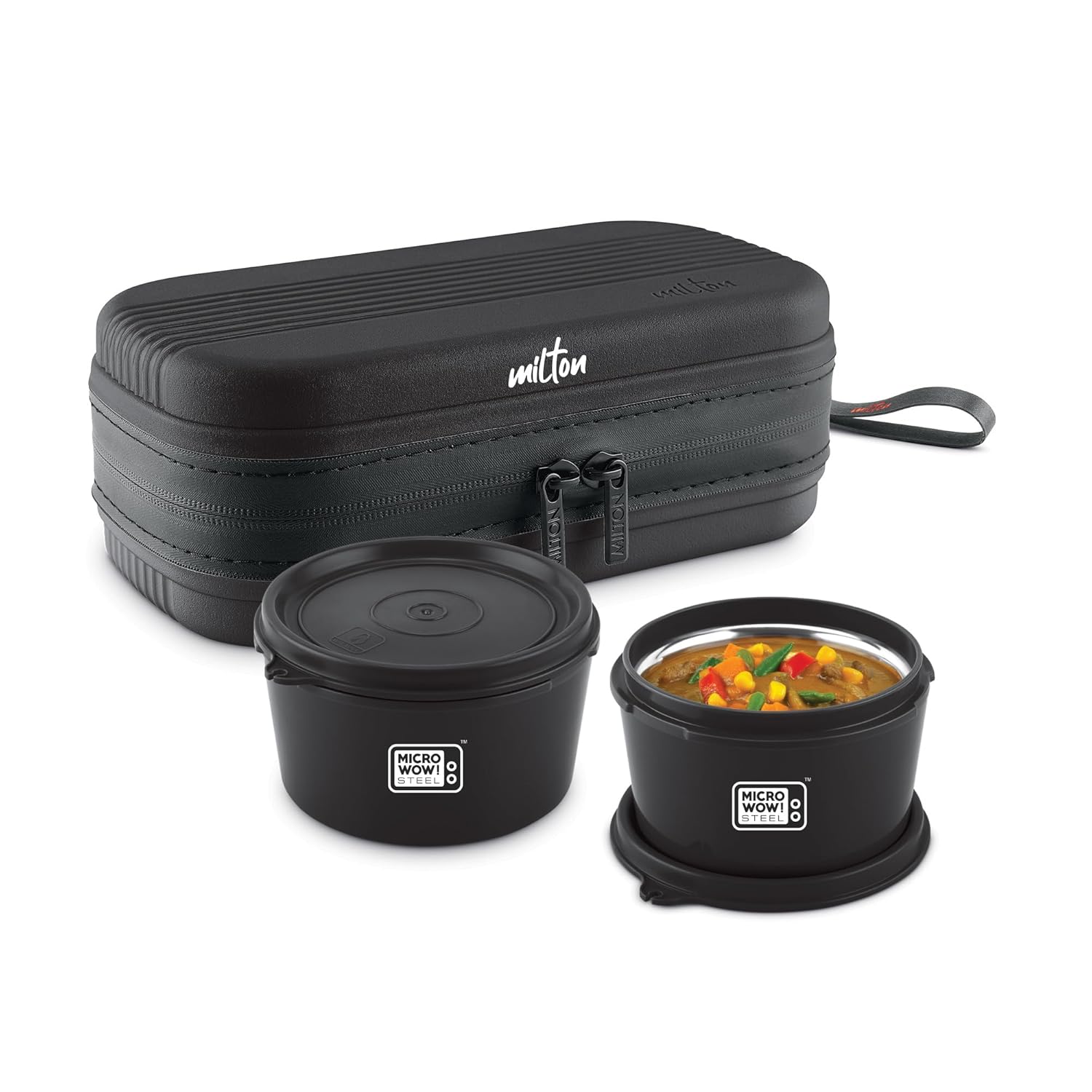 MILTON Urban Case Lunch Box, 2 Inner Steel Round Containers (320ml) & 1 Oval Plastic Container (450ml) | Microwavable, BPA-Free, Leakproof | Durable Lunch Box for Office Use, College, School - Black