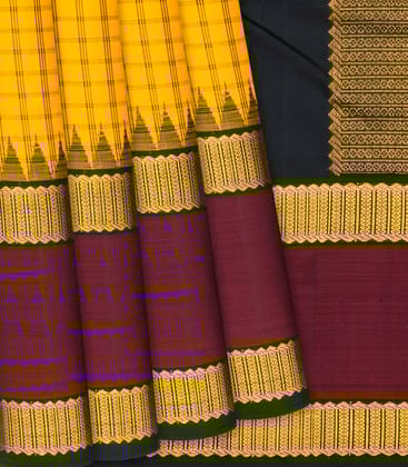 Yellow Handloom Kanchipuram Korvai Silk Saree With Checks-Yellow-Yellow