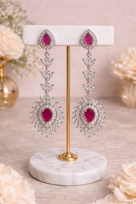 ✨Elegant Silver Plated Ruby Pink Stone & CZ Long Dangler Earrings ✨
