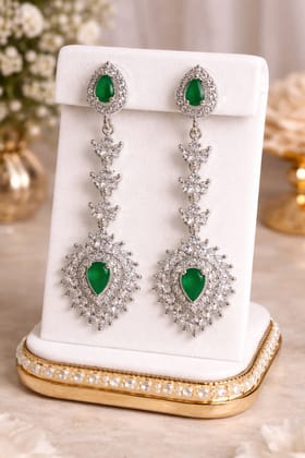 ✨Elegant Silver Plated Green Stone & CZ Long Dangler Earrings ✨