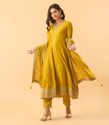 Lemon Yellow Festive Embroidered Anarkali Kurta-XL / Yellow