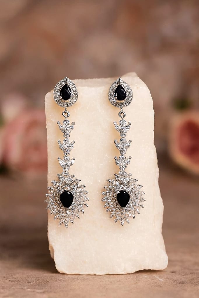 ✨Elegant Silver Plated Black Stone & CZ Long Dangler Earrings ✨