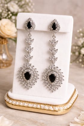 ✨Elegant Silver Plated Black Stone & CZ Long Dangler Earrings ✨