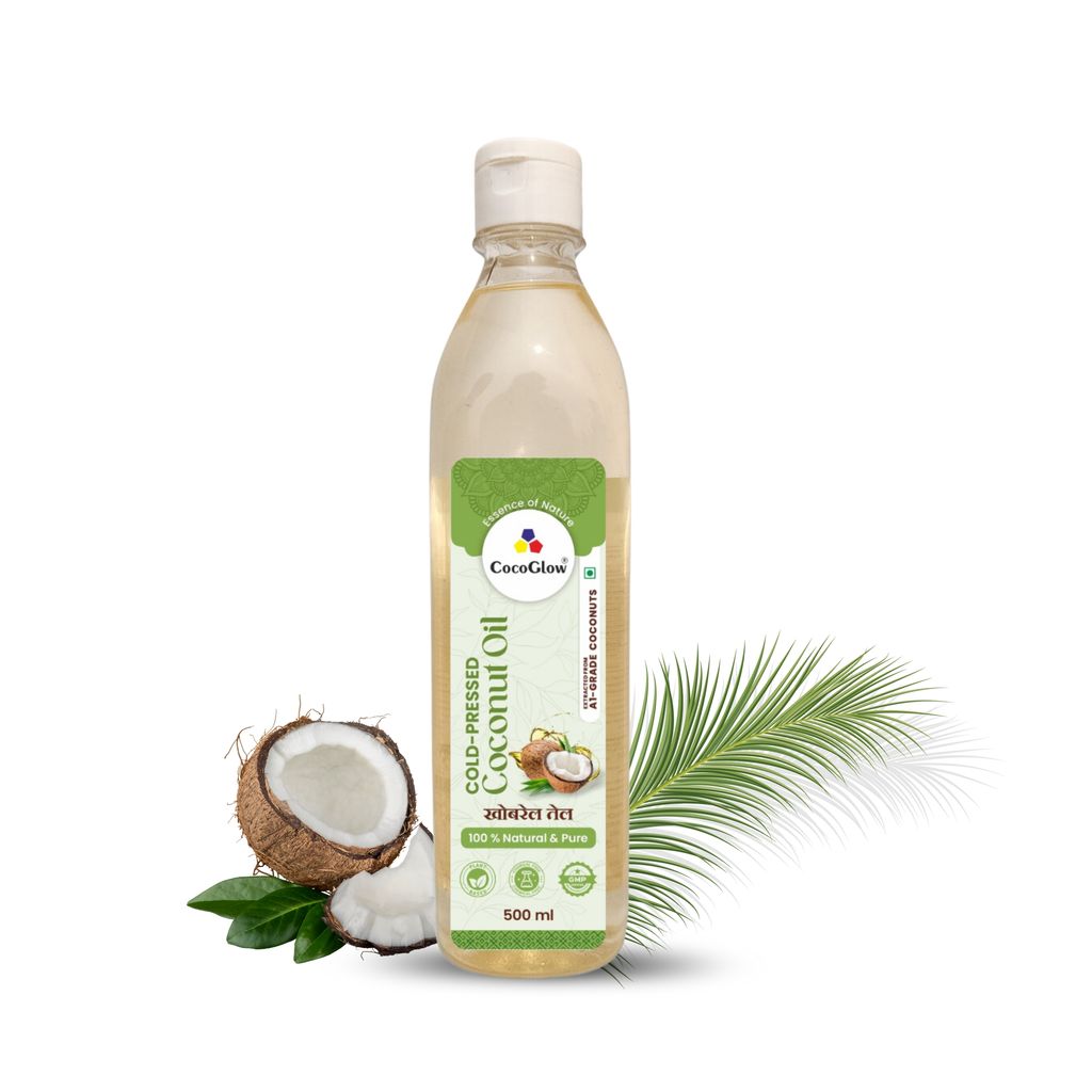 CocoGlow Cold Pressed Coconut Oil | 100% Pure & Unrefined | Extracted from Sun Dried Coconut | MCT-65% | 0 Trans Fat | 500 ml