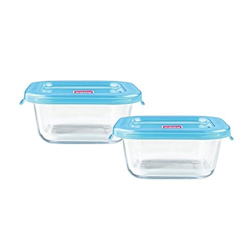 CELLO Artista Glass Clear Square Container Set with Premium Blue Colored lid With Tray , Set of 2, 320ml Each | Microwave Safe Glass Containers Set | Leakproof Square Containers fo Freezer