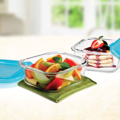 CELLO Artista Glass Clear Square Container Set with Premium Blue Colored lid With Tray , Set of 2, 320ml Each | Microwave Safe Glass Containers Set | Leakproof Square Containers fo Freezer