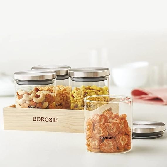 Borosil Classic Glass Jar (600ml x 4) with Wooden Tray | Made in India Borosilicate Glass Dishwasher Safe Container for Kitchen | Airtight Multipurpose Kitchen Organizer for Cookie, Spices