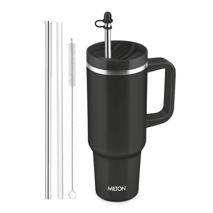 MILTON Malmo 1200 Thermosteel Double Wall Vacuum Insulated Stainless Steel Water Tumbler with Handle 1100ml,Travel Mug with Straw,Silicon Cap,Cleaning Brush,Hot & Cold Beverage Flask