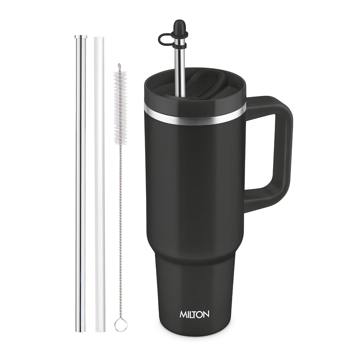 MILTON Malmo 1200 Thermosteel Double Wall Vacuum Insulated Stainless Steel Water Tumbler with Handle 1100ml,Travel Mug with Straw,Silicon Cap,Cleaning Brush,Hot & Cold Beverage Flask