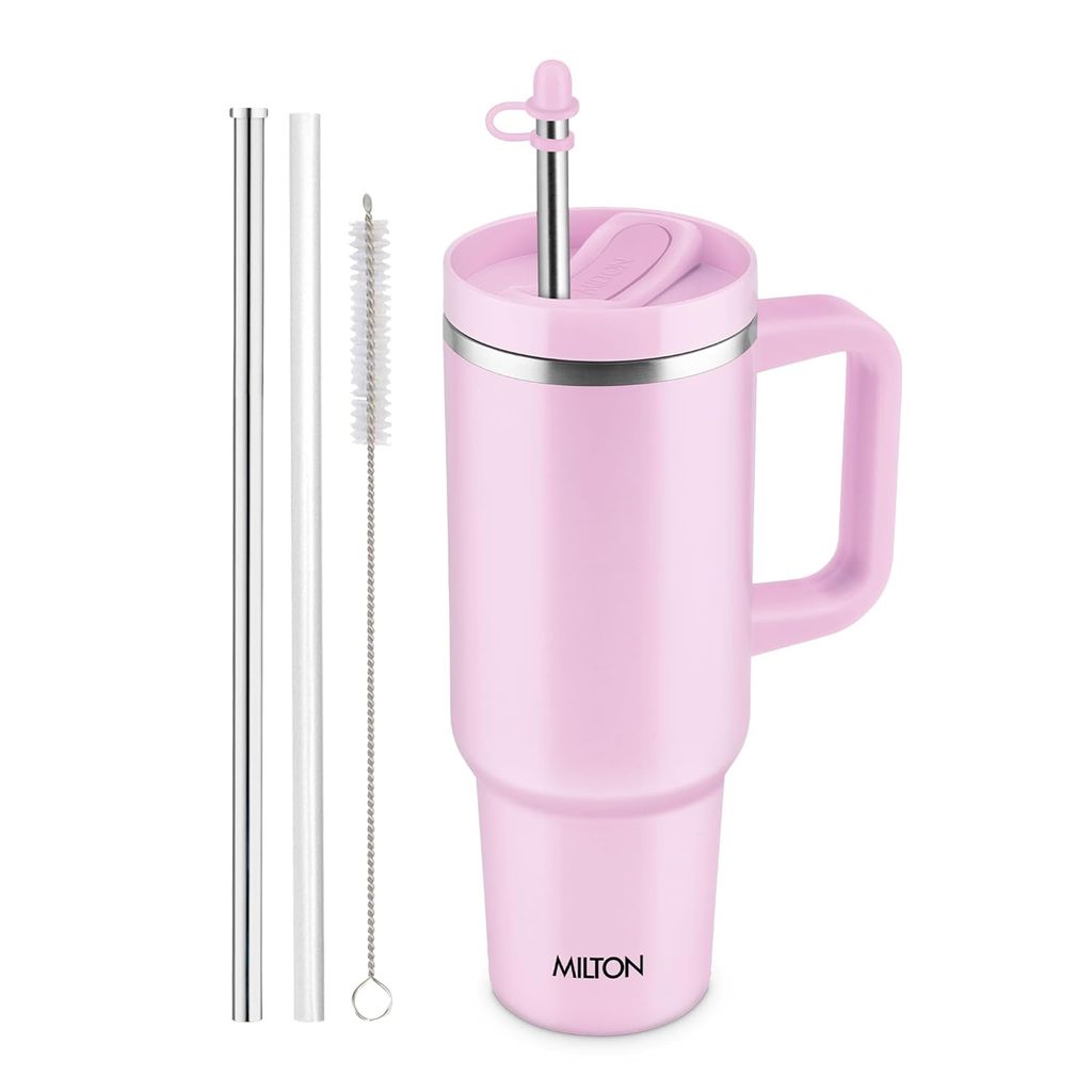 MILTON Malmo 1200 Thermosteel Double Wall Vacuum Insulated Stainless Steel Water Tumbler with Handle 1100ml,Travel Mug with Straw,Silicon Cap,Cleaning Brush,Hot & Cold Beverage Flask
