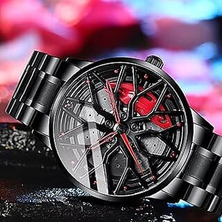 Spinning Car Wheels Gyro Men's Sport Watch Rotating Wheel Red Dial Metal Strap Analog Luxury Watches for Boy's and Men