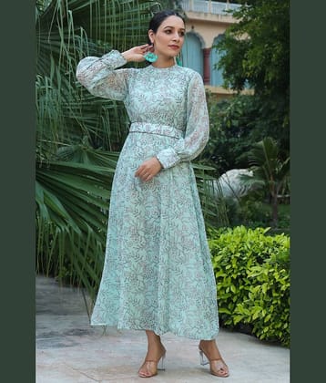 Juniper Women Chiffon Printed Fit & Flare Dress ( Green )