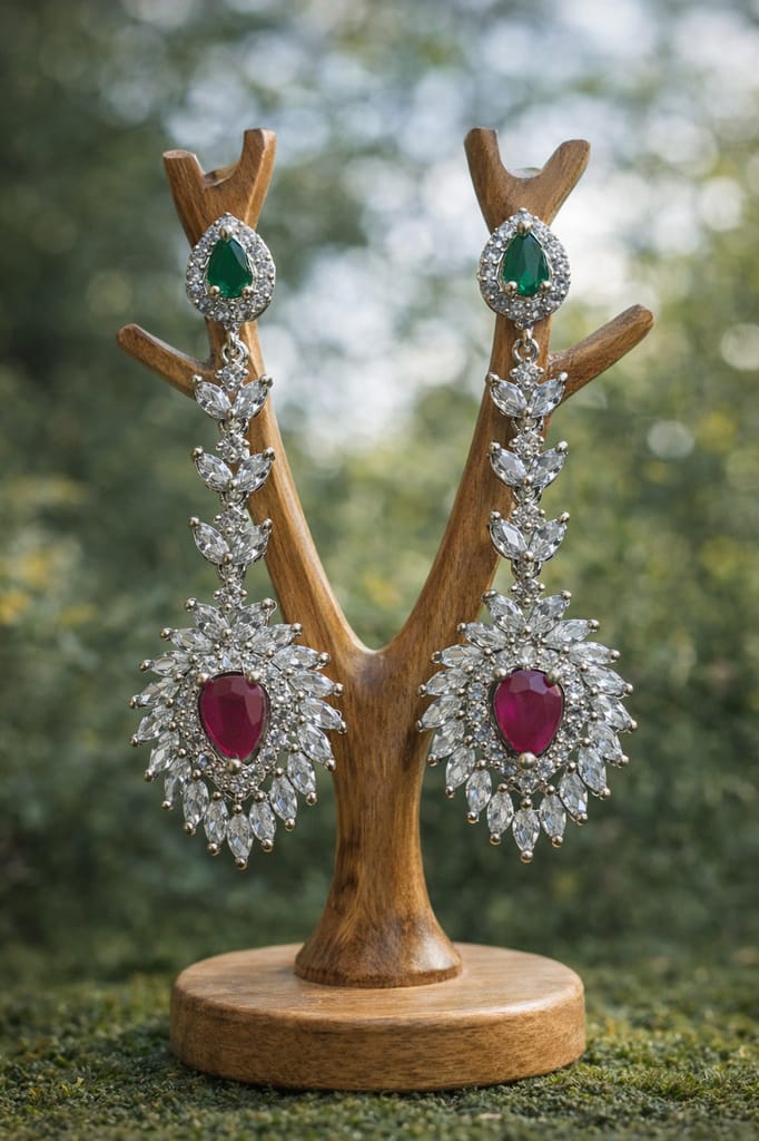 ✨ Luxury American Diamond Drop Earrings with Green & Ruby Red Stones ✨