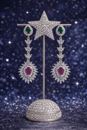 ✨ Luxury American Diamond Drop Earrings with Green & Ruby Red Stones ✨