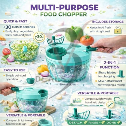 V3Deals Manual Food Chopper, Turquoise, 2-in-1 Multi-Purpose Pull Cord Vegetable Chopper with Storage Lid, 130mm (450ml)