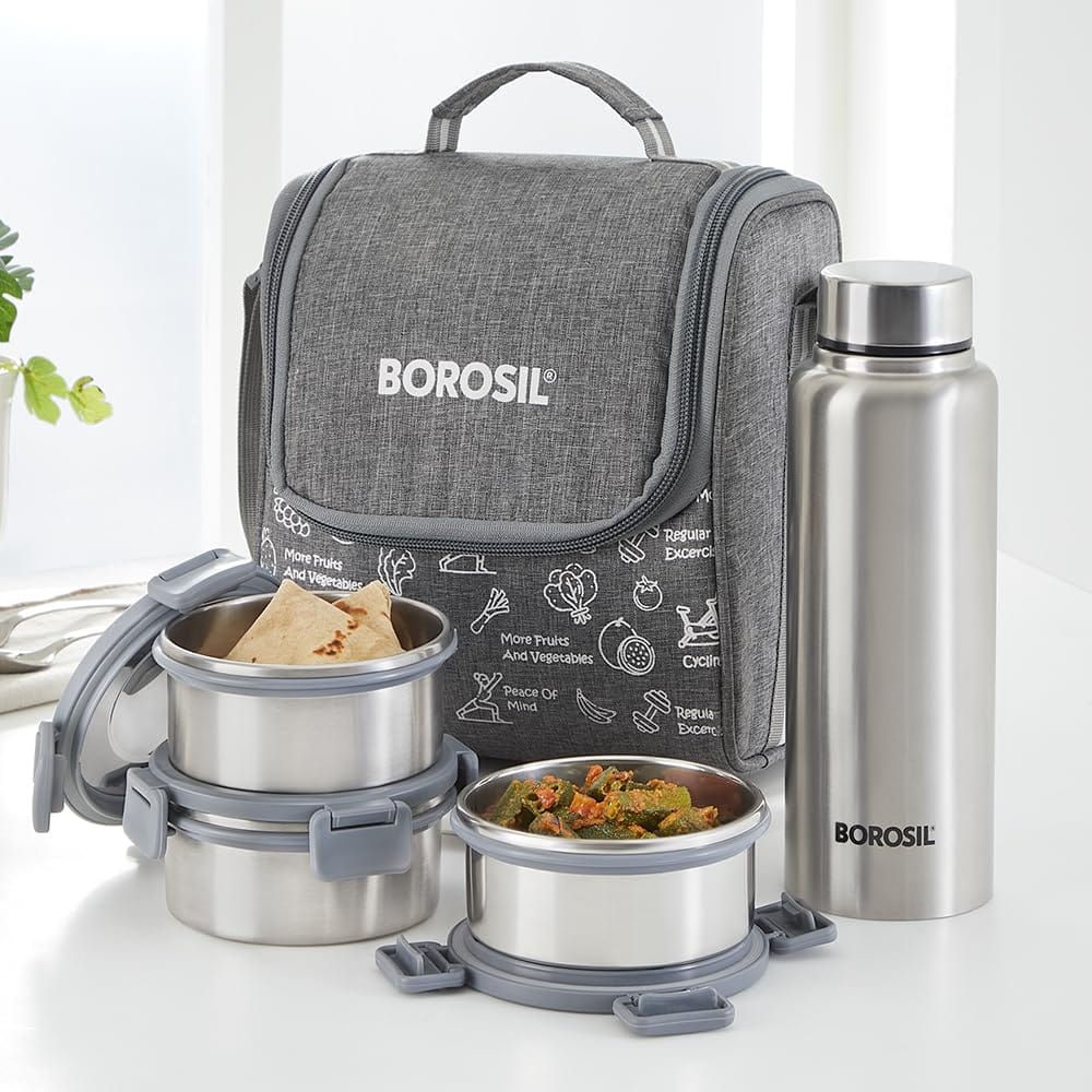 Borosil Slate Stainless Steel Lunch Box with Bag | 3 Container (280ml Each) + 1 Bottle (600 ml) | Single Wall Lunch Box with Food Grade Steel | Leakproof & Dishwasher Safe | 1 Year Warranty | Grey