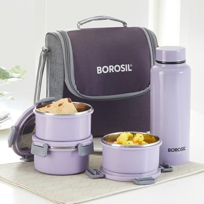 Borosil Glory Lavender Stainless Steel Lunchbox with Bag | 3 pcs Set (280ml Each) + 1 (600ml) Bottle | Microwavable Tiffin with Food Grade Steel | Leakproof & Dishwasher Safe | 1 Year Warranty