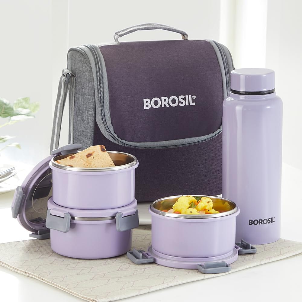 Borosil Glory Lavender Stainless Steel Lunchbox with Bag | 3 pcs Set (280ml Each) + 1 (600ml) Bottle | Microwavable Tiffin with Food Grade Steel | Leakproof & Dishwasher Safe | 1 Year Warranty