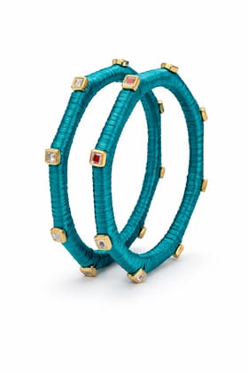 Turquoise Thread Bangles with Square Stone Embellishments