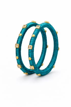 Teal Silk Thread Bangles with Gold Studs & Crystal Embellishments (Pair)