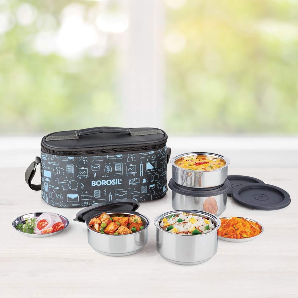 Borosil Carry Fresh Stainless Steel Lunchbox | 4pc Set (280 ml x 2 + 180 ml x 2) | Tiffin for Office, School & College with Food Grade Steel | Leakproof & Dishwasher Safe | 1 Year Warranty