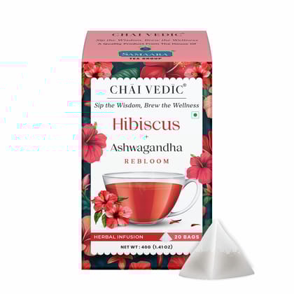Chai Vedic Hibiscus Ashwagandha Rebloom Herbal Infusion Tea, 20 Bags, 40g, with Cinnamon, Ginger and Apple Flavour