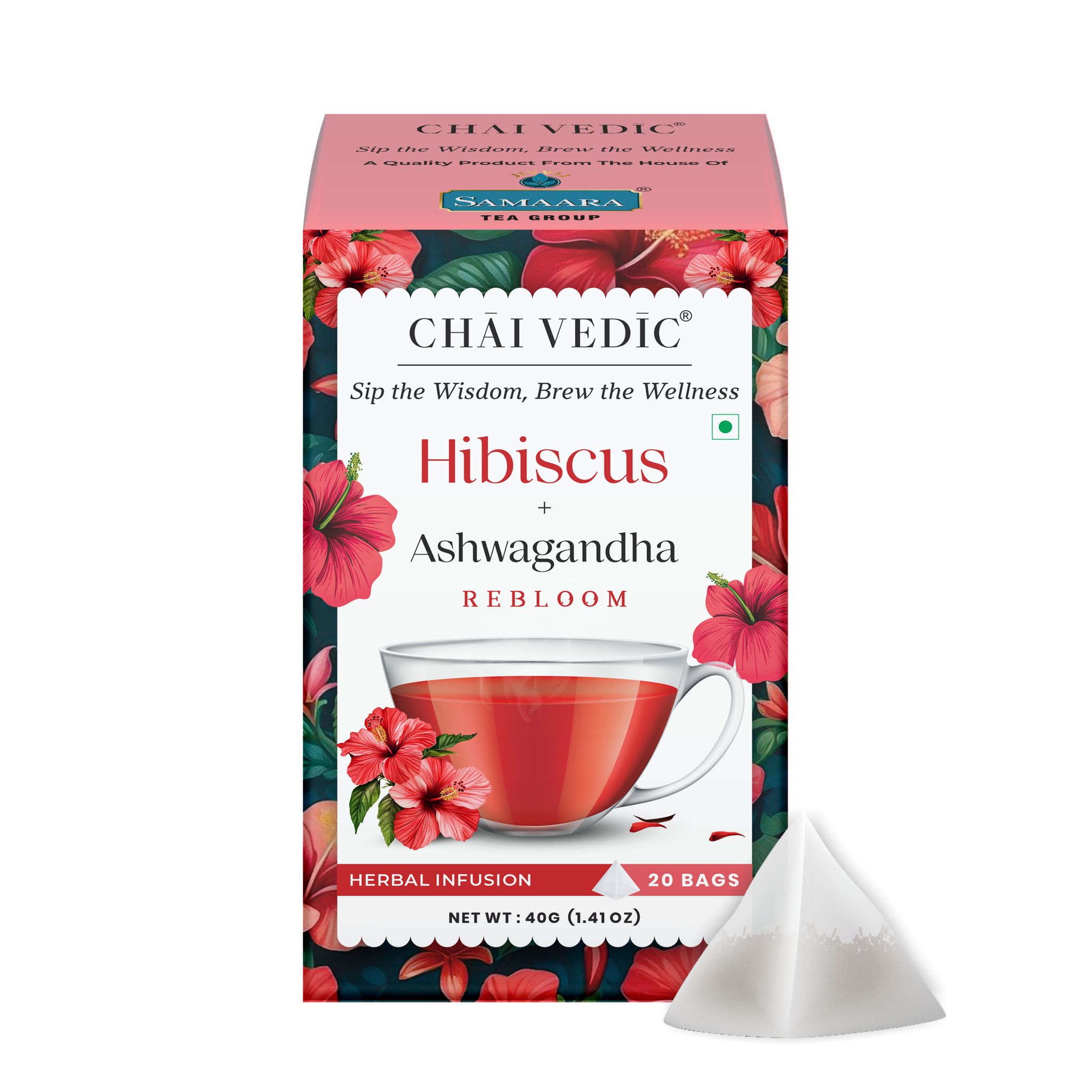 Chai Vedic Hibiscus Ashwagandha Rebloom Herbal Infusion Tea, 20 Bags, 40g, with Cinnamon, Ginger and Apple Flavour